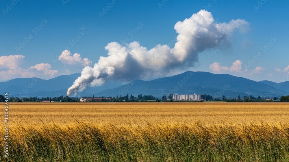 Fototapeta premium A scenic landscape featuring golden fields, mountains, and smoke rising from an industrial area.