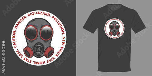 Vector illustration T-shirt Gas mask with the inscription DANGER. Biohazard. Environmental pollution. Man with protection from air quality. Street style of the highest quality. Retro print