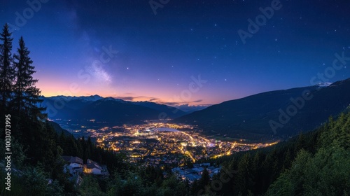 Panoramic view of a city at twilight, illuminated by lights under a starry sky.