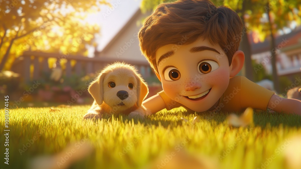 A joyful child playing with a puppy in a sunny backyard, showcasing friendship and innocence. A joyful child playing with a puppy in a sunny backyard, showcasing friendship and innocence.