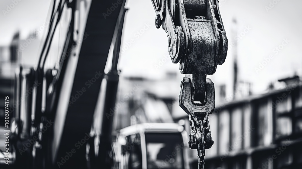 Monochrome close-up of crane hook with blurred machinery Monochrome close-up of crane hook with blurred machinery