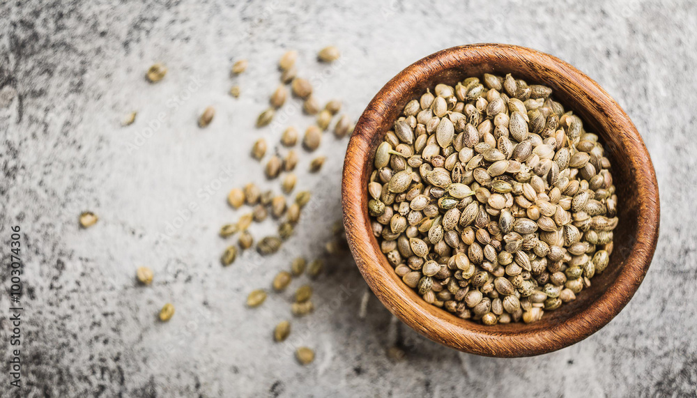 Wooden bowl of hemp seeds. Wooden bowl of hemp seeds.