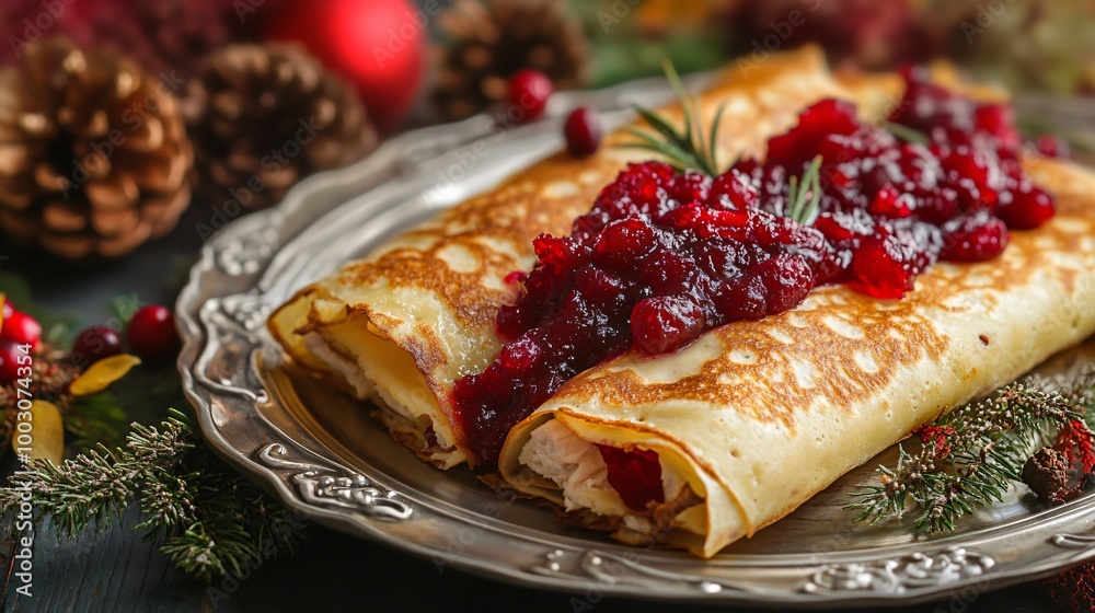 Savory crepes with turkey and cranberry sauce, placed on a silver platter, against a bold, abstract colorful backdrop Savory crepes with turkey and cranberry sauce, placed on a silver platter, against a bold, abstract colorful backdrop