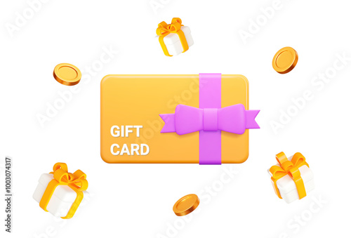 3d yellow gift card with purple bow and flying gift box with gold coins. Gift certificate for promotion of goods for holidays, birthdays and discount coupon concept. Stock vector illustration