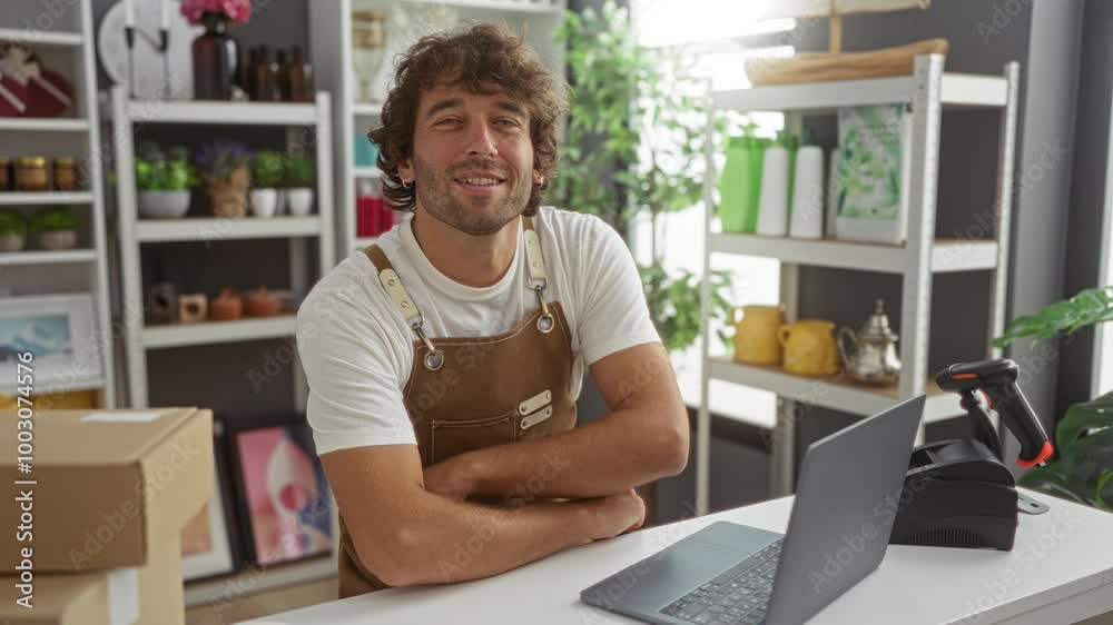 Young man with arms crossed working on a laptop in a home decor store, wearing a brown apron and smiling while surrounded by modern interior decoration items Young man with arms crossed working on a laptop in a home decor store, wearing a brown apron and smiling while surrounded by modern interior decoration items