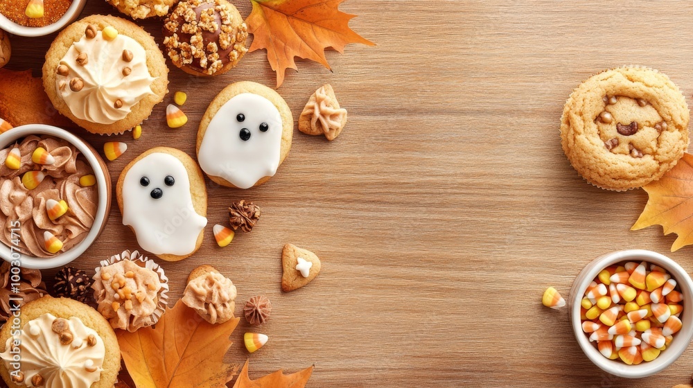 A delightful flat lay of Halloween-themed treats featuring ghost cookies, cupcakes, and autumn leaves, perfect for festive celebrations and parties. A delightful flat lay of Halloween-themed treats featuring ghost cookies, cupcakes, and autumn leaves, perfect for festive celebrations and parties.