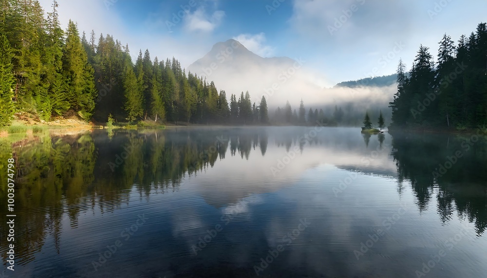 A serene mountain lake reflects the fog-laden forest and majestic peaks under a clear blue sky in early morning light, creating a tranquil nature escape. Generative AI A serene mountain lake reflects the fog-laden forest and majestic peaks under a clear blue sky in early morning light, creating a tranquil nature escape. Generative AI