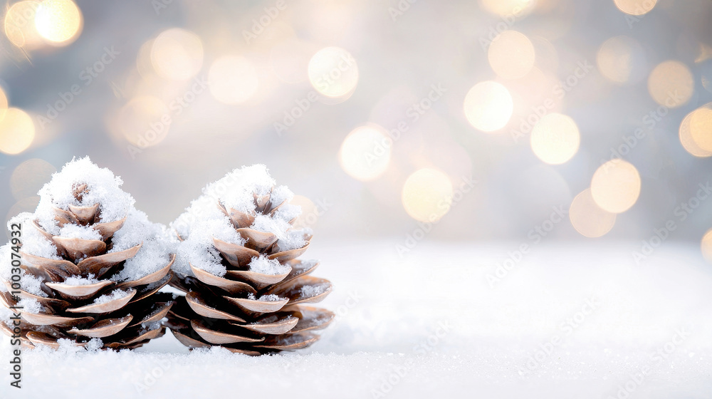 Beautiful snow-covered pine cones on a white surface, creating a serene winter atmosphere with soft glowing bokeh in the background. Beautiful snow-covered pine cones on a white surface, creating a serene winter atmosphere with soft glowing bokeh in the background.