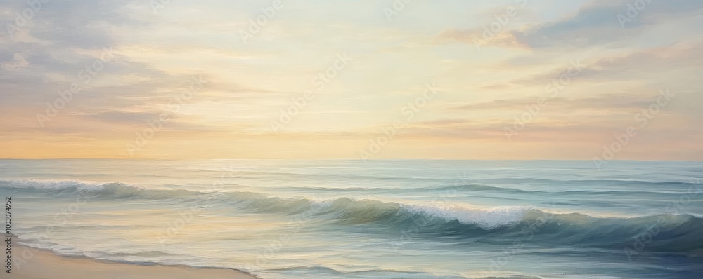 Fototapeta premium Serene beach sunrise with gentle waves, peaceful