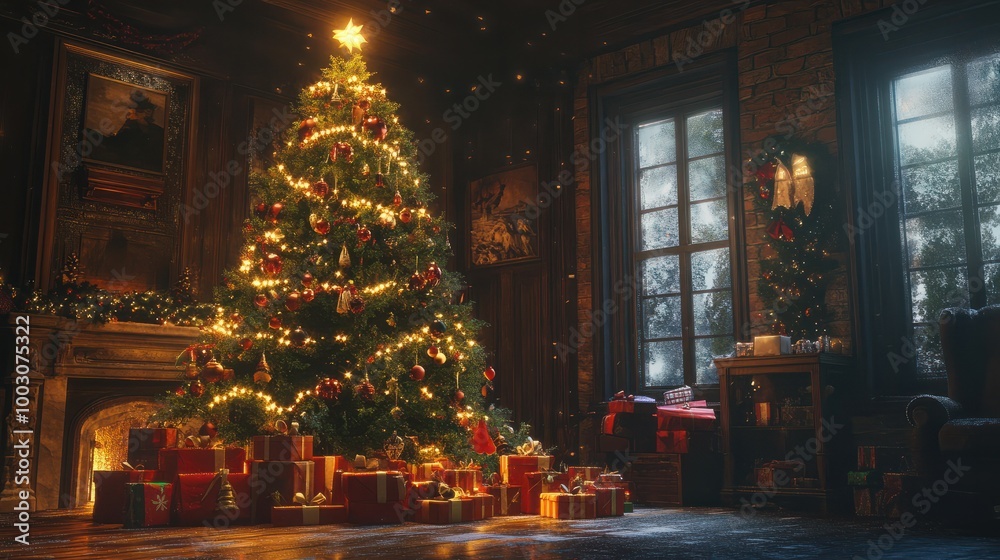 A huge Christmas tree with bright lights and presents. A huge Christmas tree with bright lights and presents.