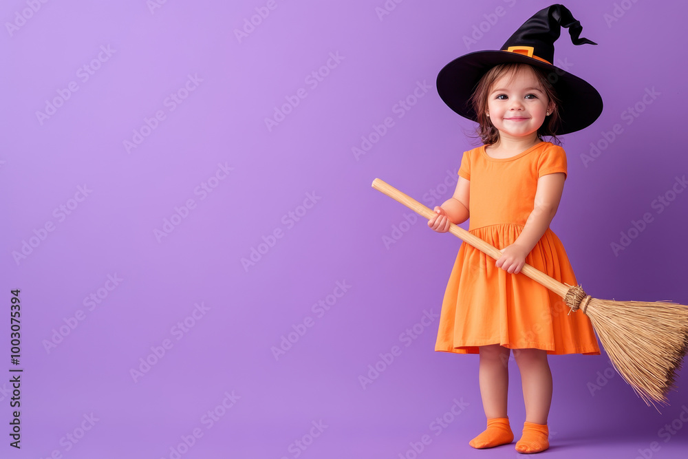 Adorable child in witch costume, wearing a black hat and orange dress, holding a broom against a vibrant purple background. Adorable child in witch costume, wearing a black hat and orange dress, holding a broom against a vibrant purple background.