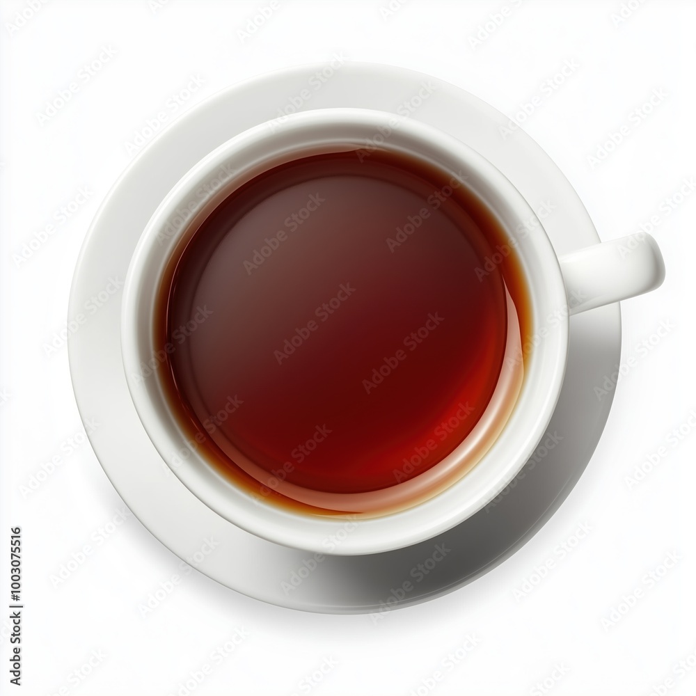 A comforting cup of black tea viewed from above on a clean white background A comforting cup of black tea viewed from above on a clean white background