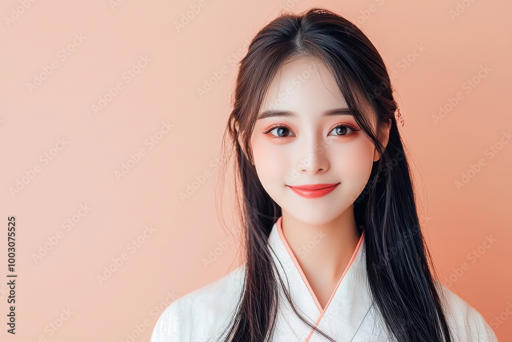 A young asian woman with long hair smiles confidently, wearing a traditional outfit against a soft peach background. A young asian woman with long hair smiles confidently, wearing a traditional outfit against a soft peach background.