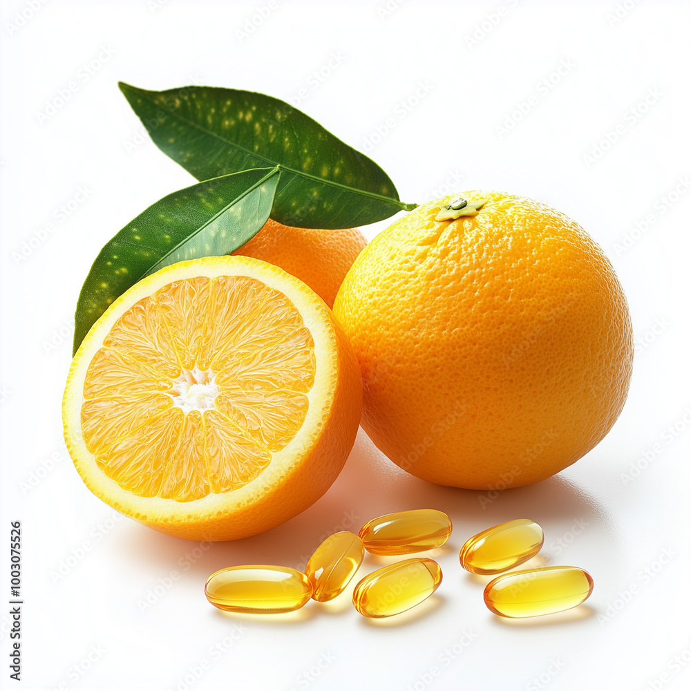 Fototapeta premium Fresh oranges and vitamin C capsules, Immune system boost, Immune-boosting foods, Fresh fruits and vitamins, Vitamin C