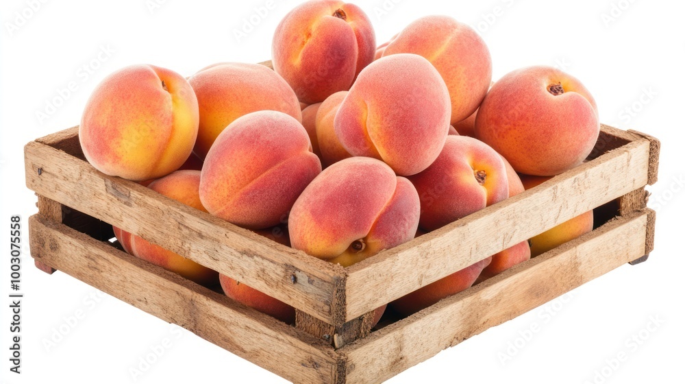 A wooden crate filled with fresh, ripe peaches. A wooden crate filled with fresh, ripe peaches.