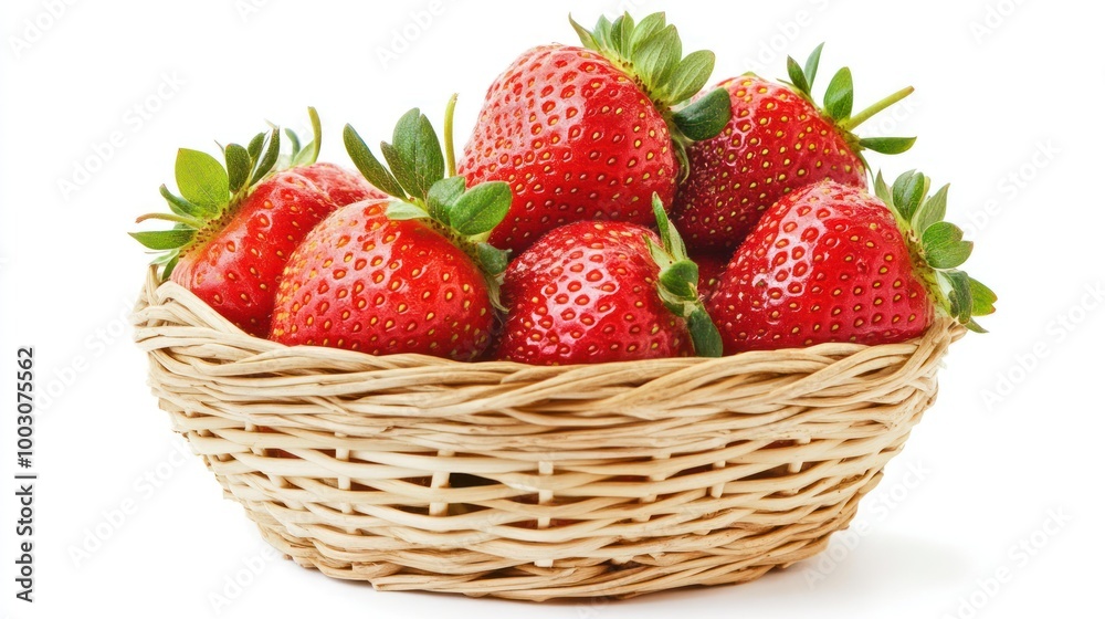 A basket filled with fresh, ripe strawberries on a white background. A basket filled with fresh, ripe strawberries on a white background.