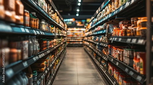 Supermarket aisle with shelves stocked with goods.