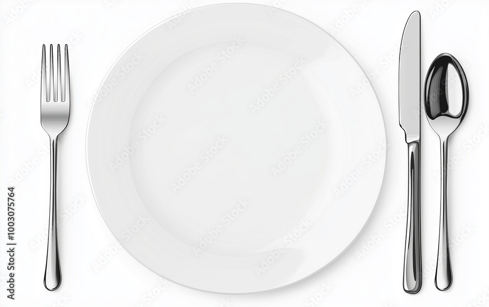 Elegant table setting with cutlery and a pristine white plate for a dining experience Elegant table setting with cutlery and a pristine white plate for a dining experience