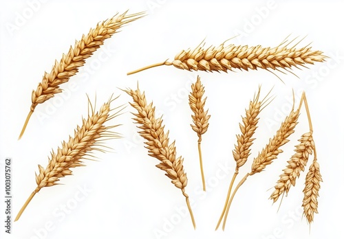 A collection of golden wheat ears standing tall against a bright white backdrop