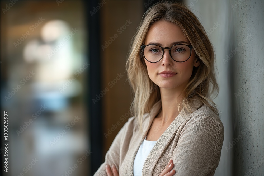 Portrait of successful beautiful business woman inside office, standing with arms crossed Portrait of successful beautiful business woman inside office, standing with arms crossed