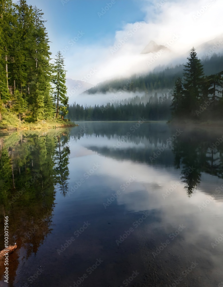A serene mountain lake reflecting fog and forest at dawn, offering a peaceful escape in natures embrace. Generative AI A serene mountain lake reflecting fog and forest at dawn, offering a peaceful escape in natures embrace. Generative AI