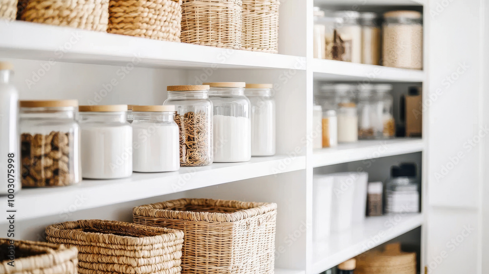 A neatly organized pantry showcasing glass jars and woven baskets filled with various ingredients, enhancing home decor and functionality. A neatly organized pantry showcasing glass jars and woven baskets filled with various ingredients, enhancing home decor and functionality.