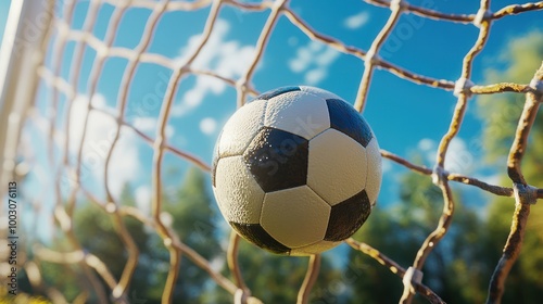 A soccer ball is in the back of the net with the goal frame.