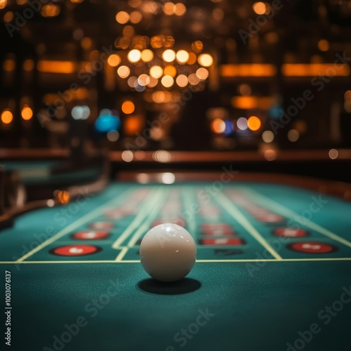 Casino roulette table with ball on it and bokeh background photo