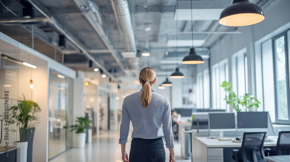 custom made wallpaper toronto digitalWoman walking through a modern office space with natural light and greenery during the day