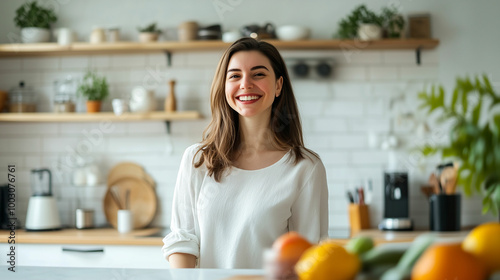 Young woman smiling in a bright kitchen with fresh fruits during morning daylight