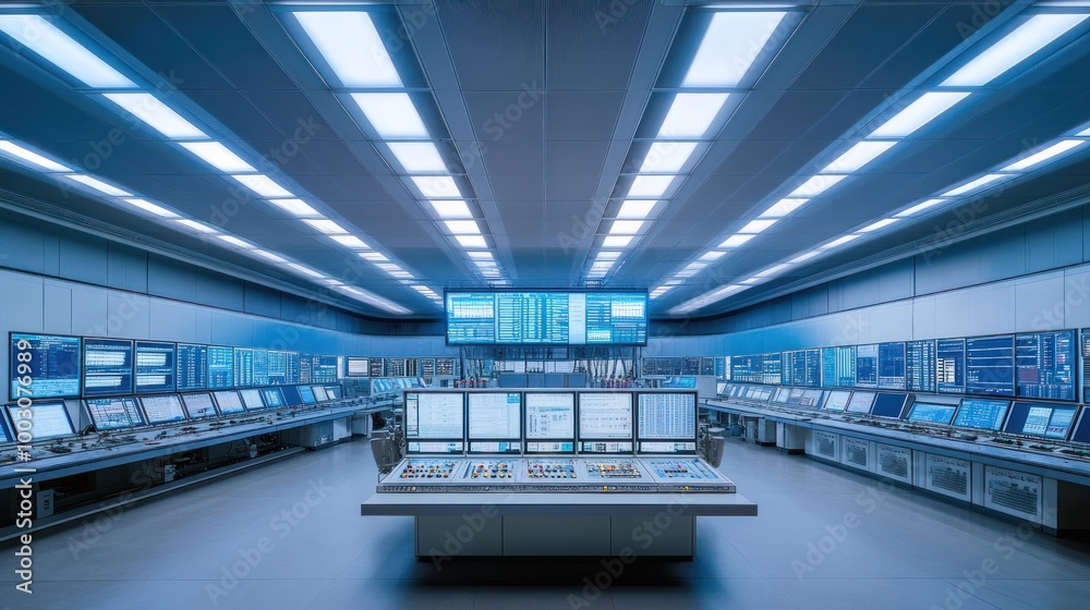 Naklejka premium A modern control room with multiple screens and control panels for monitoring systems.