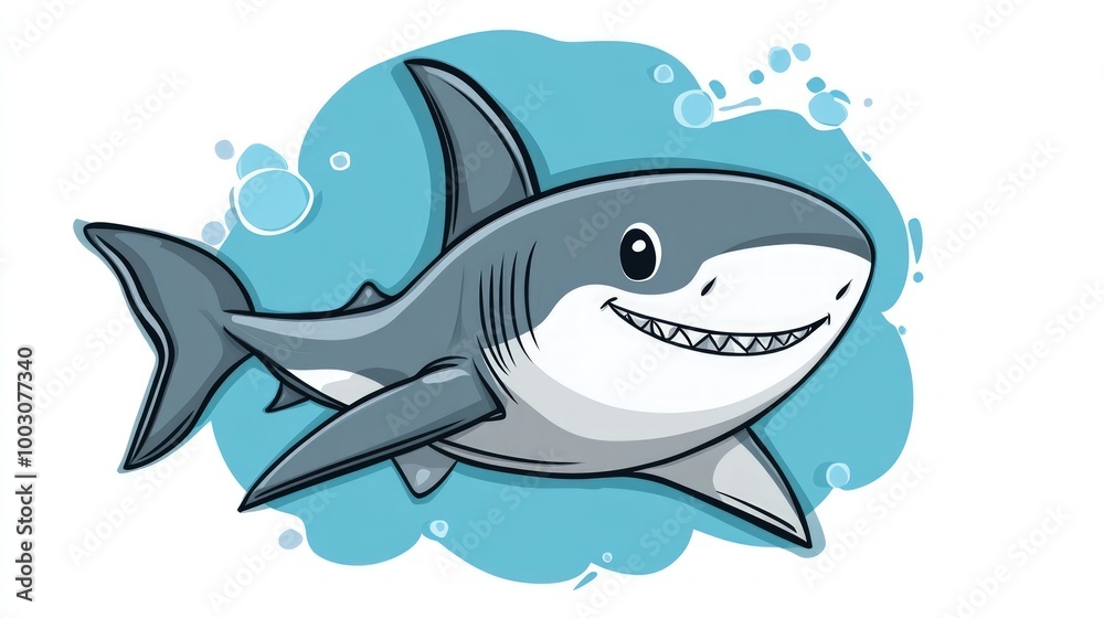 Obraz premium Cartoon great white shark with a friendly smile, swimming in blue water.