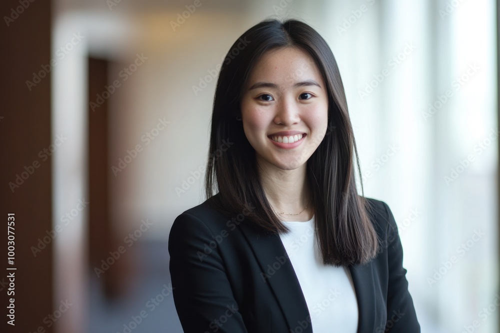 A young professional woman smiles confidently while standing near large windows in a modern office A young professional woman smiles confidently while standing near large windows in a modern office