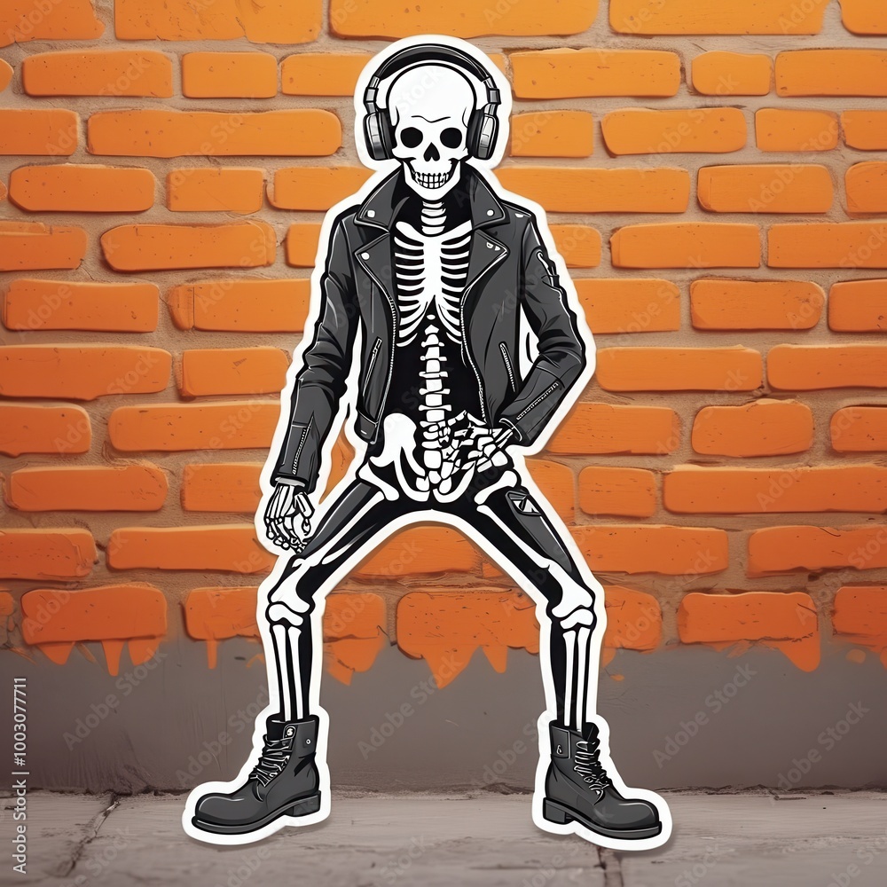 Obraz premium A cool skeleton in a leather jacket and headphones strikes a dance pose in front of a graffiti-covered brick wall, blending street style with a fun, edgy vibe