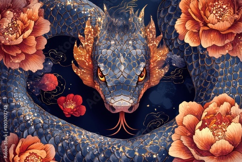 chinese zodiac art, eye-catching banner illustration for the year of the snake, showcasing a dazzling serpent with glittering scales and elaborate designs from chinese lore photo