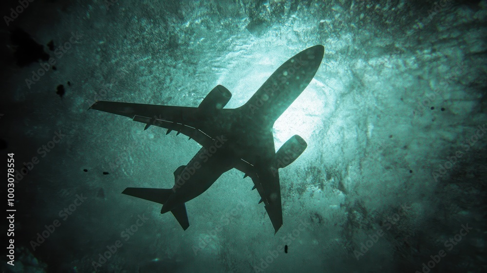 Fototapeta premium An airplane viewed from below, submerged in water, creating a surreal underwater scene.