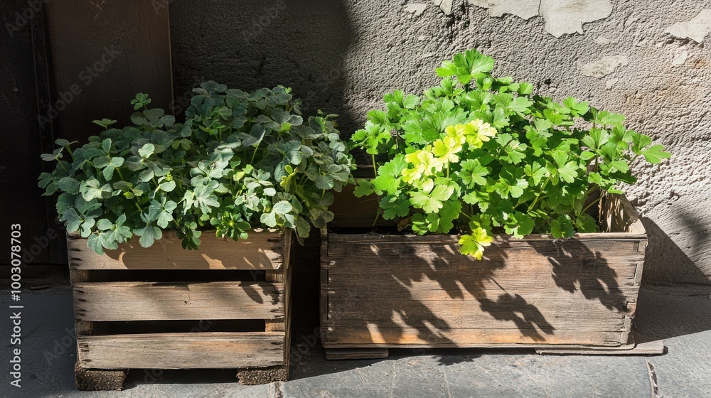 Two wooden planters filled with vibrant green plants, showcasing natural beauty in a rustic setting. Two wooden planters filled with vibrant green plants, showcasing natural beauty in a rustic setting.
