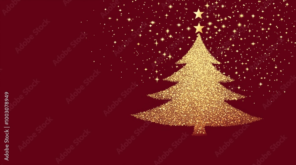A minimalistic golden Christmas tree design on a deep red background. A minimalistic golden Christmas tree design on a deep red background.