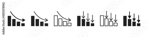 Reduction chart icon set. Decrease arrow down. Vector illustration.