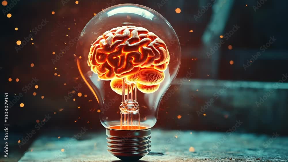 A glowing brain inside a light bulb symbolizes the power of knowledge ...