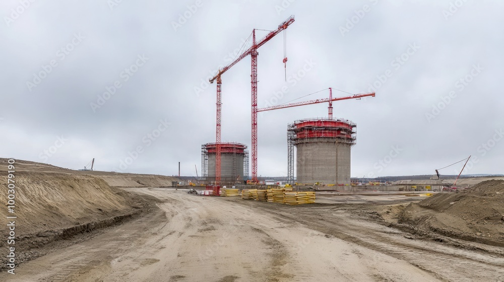 Obraz premium Construction site featuring two large cylindrical structures and cranes under a cloudy sky.
