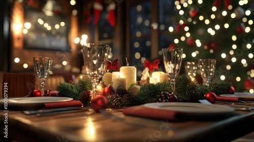 christmas dinner table setting, table in restaurant, christmas decor