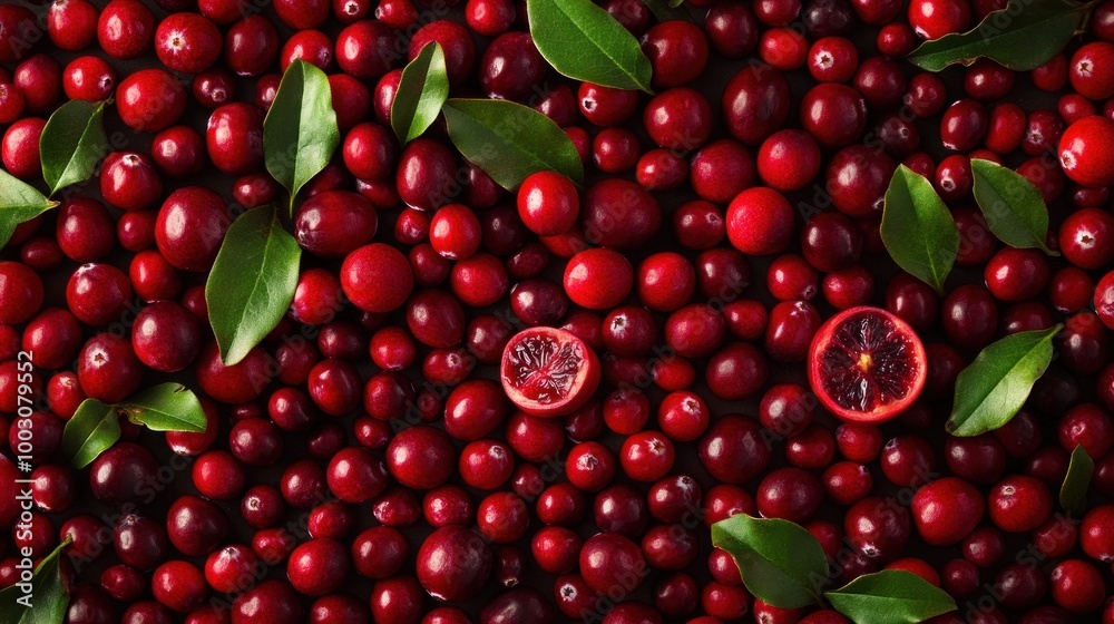 A vibrant display of fresh cranberries with green leaves and a sliced fruit. A vibrant display of fresh cranberries with green leaves and a sliced fruit.