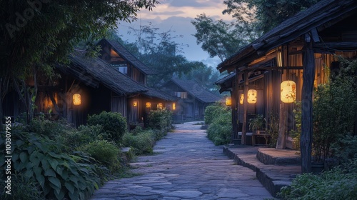 A serene village pathway illuminated by lanterns at dusk, surrounded by lush greenery.