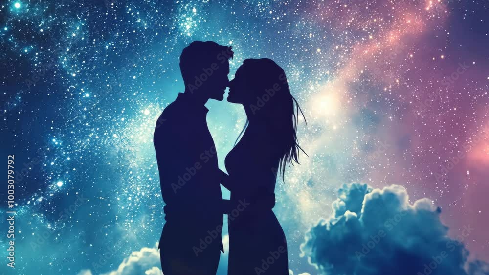 A couple silhouetted against a starry night sky share a tender kiss