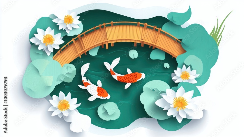 A serene pond scene featuring koi fish, a wooden bridge, and blooming lotus flowers. A serene pond scene featuring koi fish, a wooden bridge, and blooming lotus flowers.
