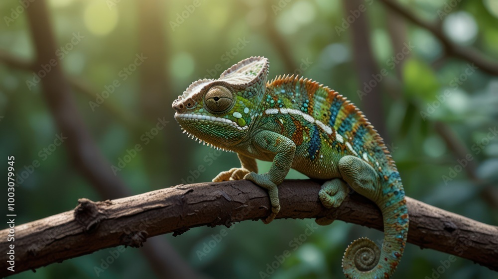 realistic illustration of a green chameleon on the branch of tree realistic illustration of a green chameleon on the branch of tree