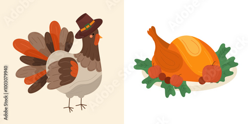 Festive set with traditional pilgrim turkey and roasted turkey with apples. Traditional thanksgiving illustrations in vector flat concept. For holiday decor, cards, prints.