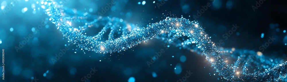 A sparkling DNA helix, glowing with soft light, suspended in a blue mist A sparkling DNA helix, glowing with soft light, suspended in a blue mist