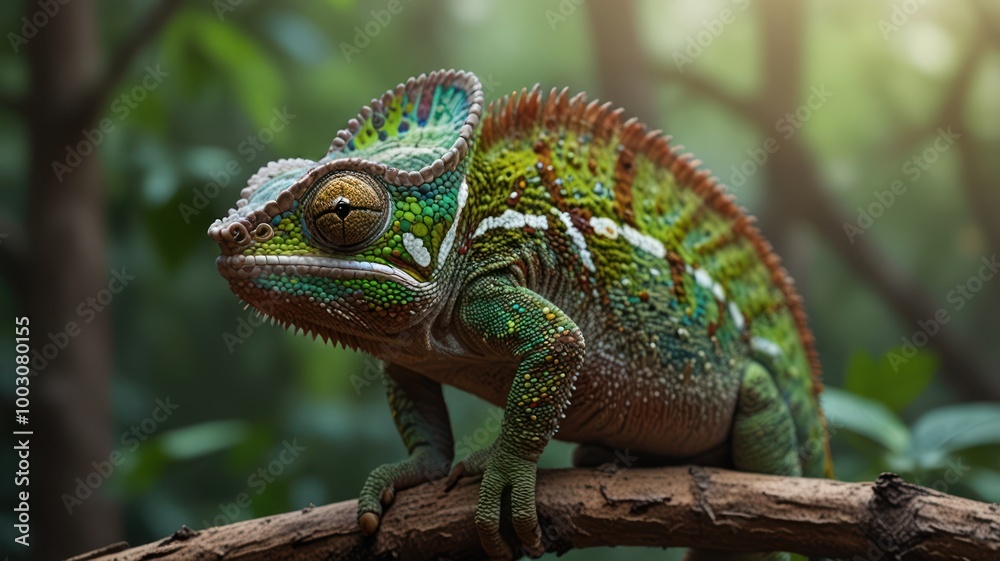 realistic illustration of a green chameleon on the branch of tree
